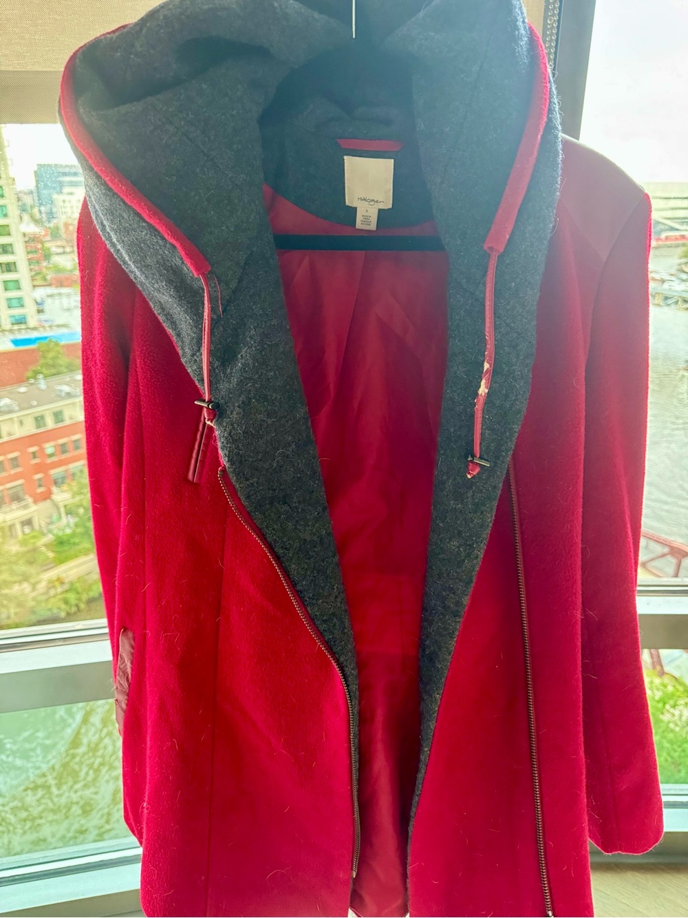 Halogen Crimson Trench Coat with Dark Gray Hood Lining